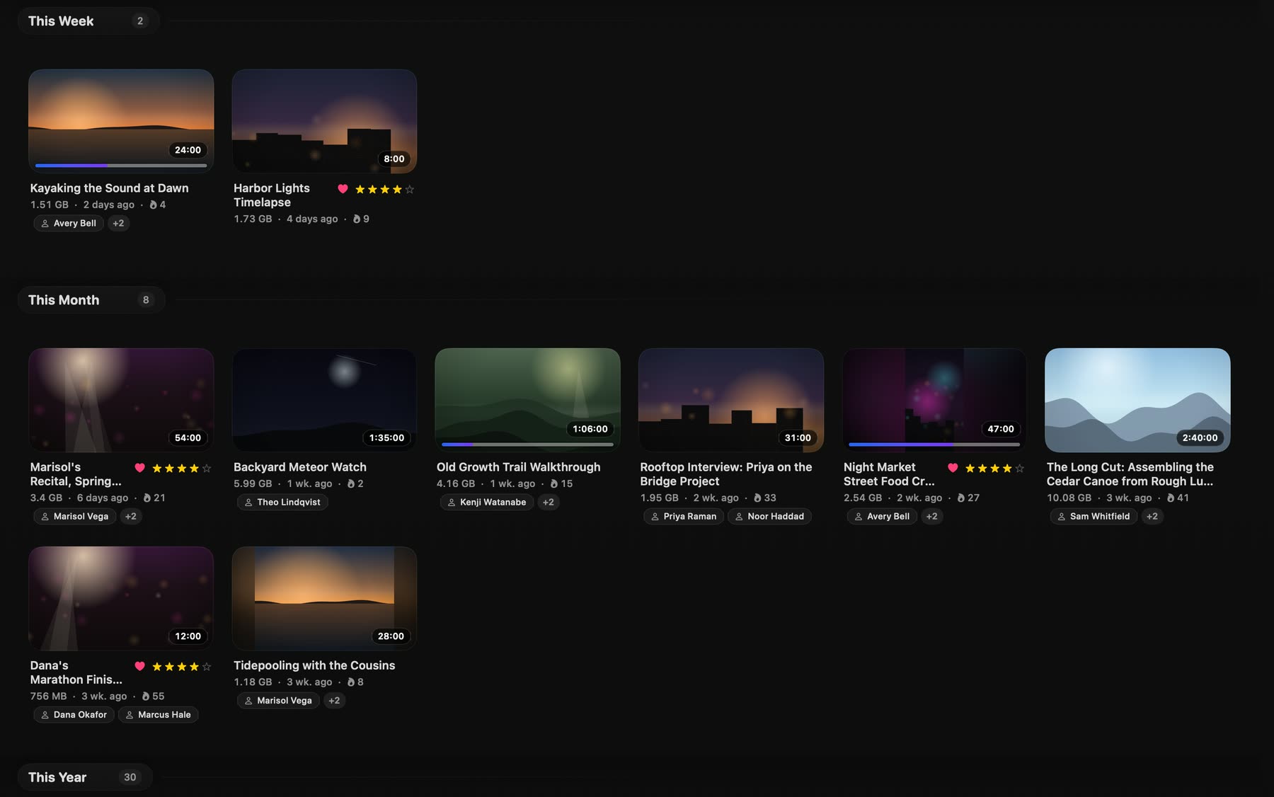 The Library grid on a Mac, grouped by This Week and This Month. Thumbnails show progress bars, star ratings and favorite hearts.