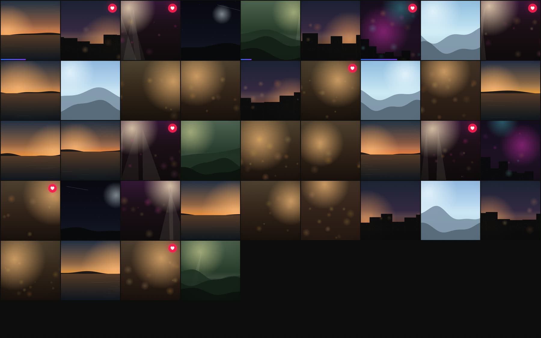 The Library in mosaic layout: a wall of video thumbnails with no gaps, some marked as favorites.