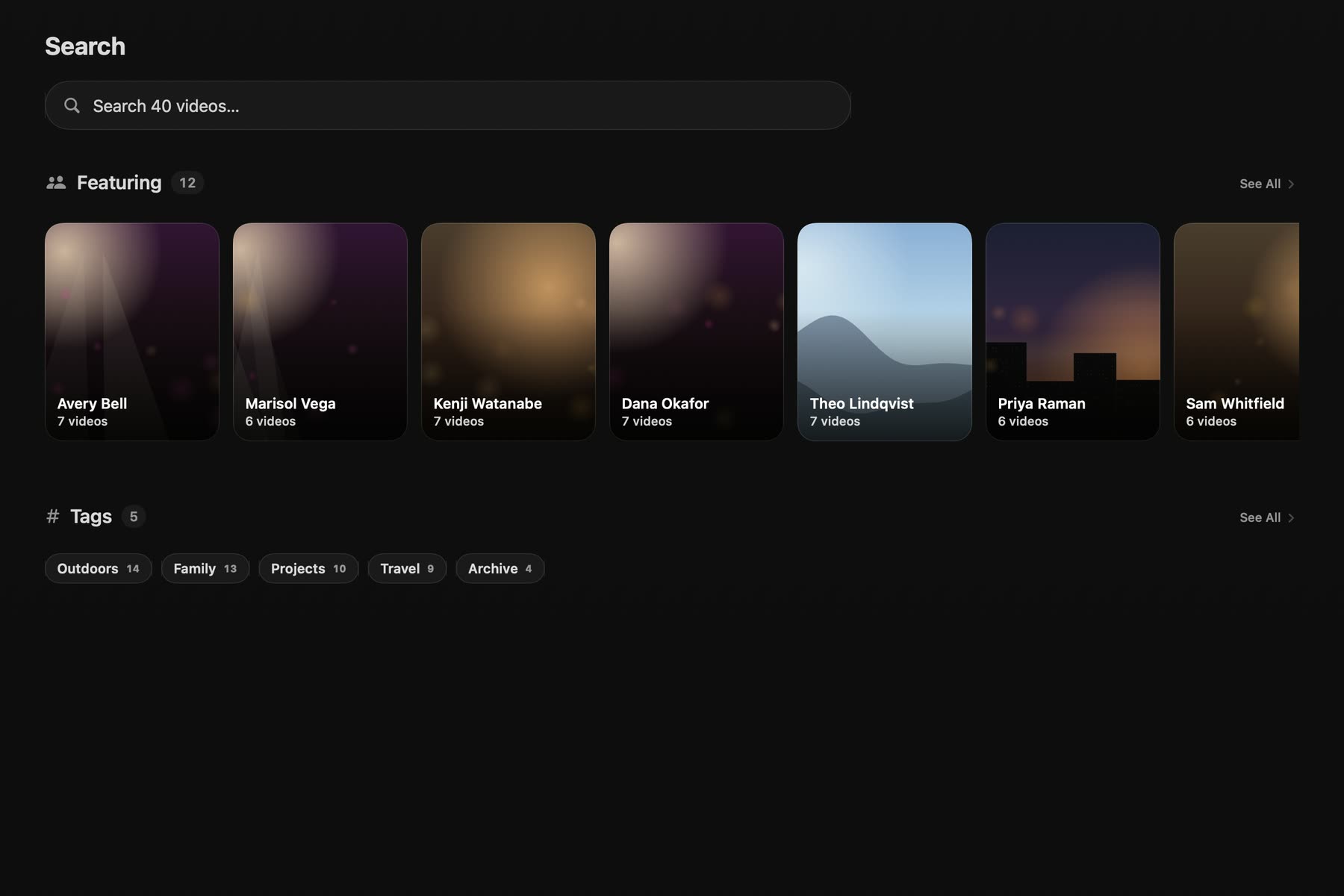 Search on a Mac: a search field above a row of people and a row of tags to start from.