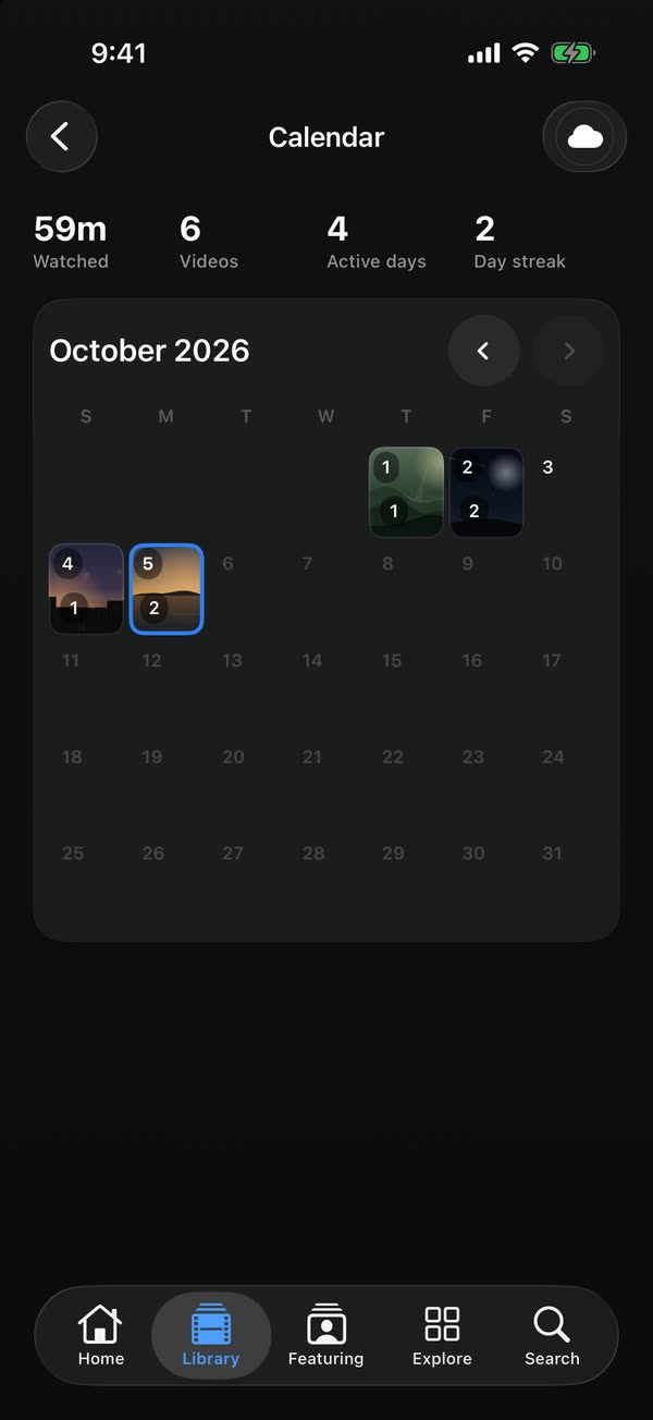 Calendar on iPhone: a month view where the days you watched something show a thumbnail and a count.