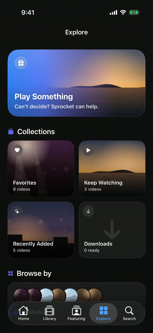 Explore on iPhone: a Play Something card above collections for Favorites, Keep Watching, Recently Added and Downloads.