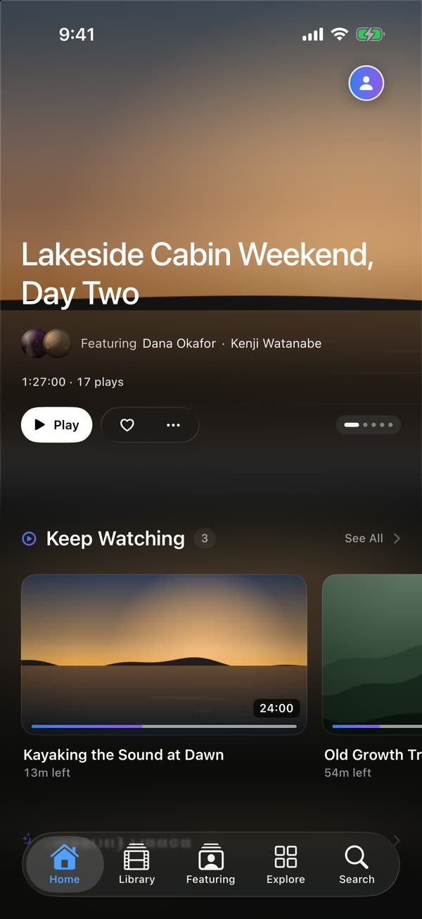 Sprocket Home on an iPhone. The same library, with a featured video and a Keep Watching shelf.