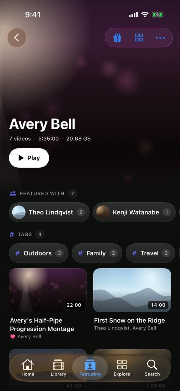 A person page on iPhone: a name with video count and a Play button, the people they appear with, tags, and their videos.