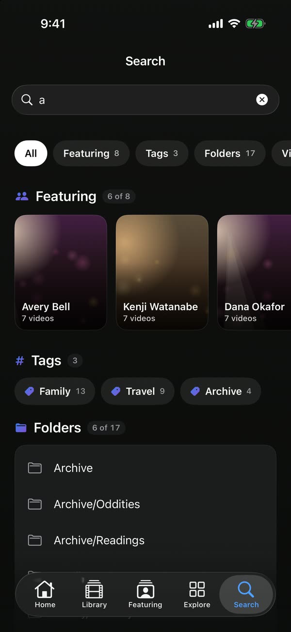 Search on iPhone: results grouped into people, tags and folders, with filter chips across the top.